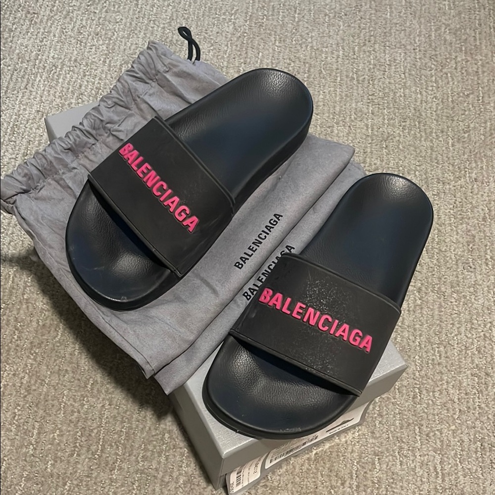 Balenciaga Black and Pink Slide Sandals